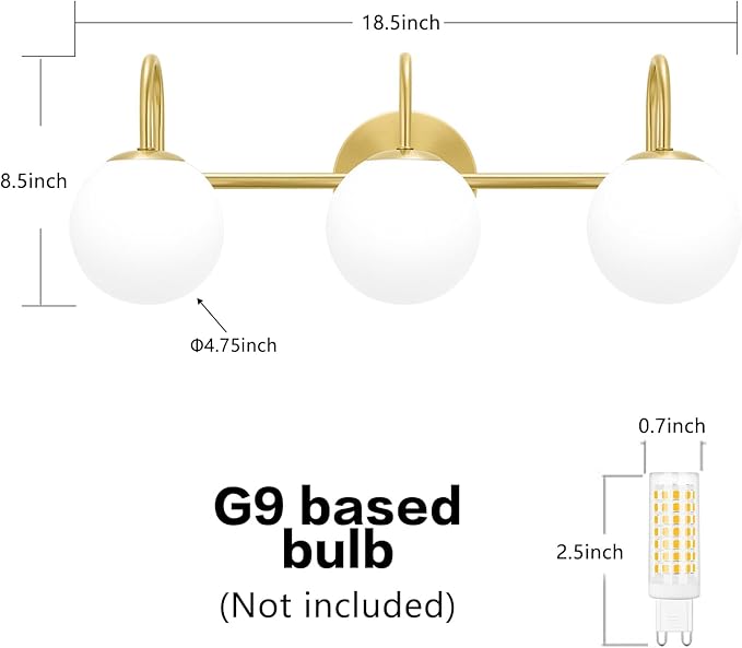 Gold Light Fixtures, 3-Light Over Mirror, Mid Century Modern Bathroom Vanity Lights Wall Sconces With Globe Frosted Milk Glass