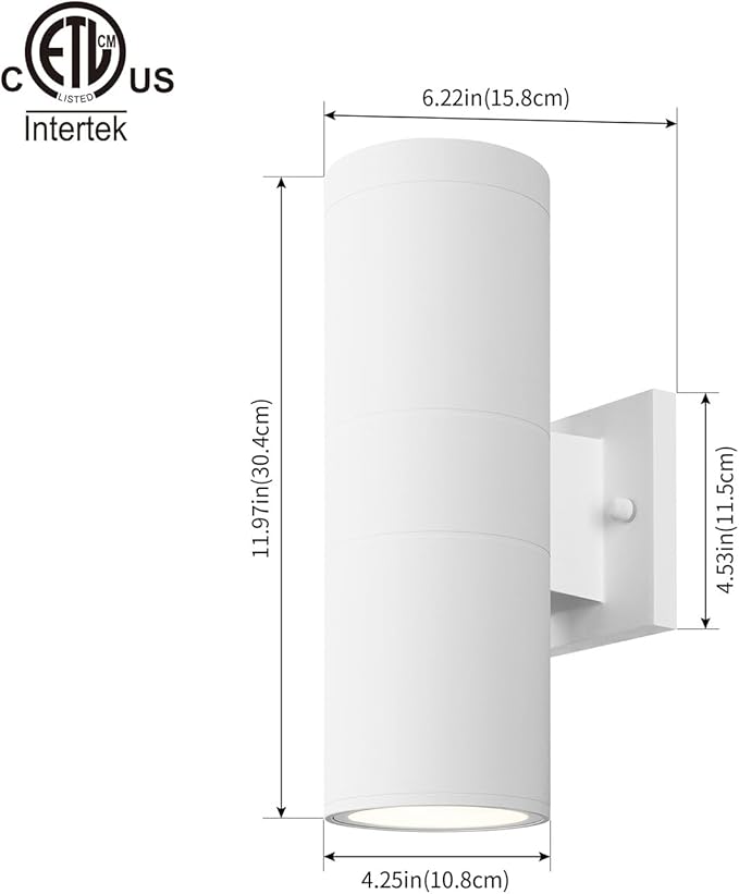 mirrea Modern Outdoor Porch Light Patio Light in 2 Lights with Aluminum Cylinder and Tempered Glass Cover Waterproof Wall Sconce 2 Pack (Matte White)