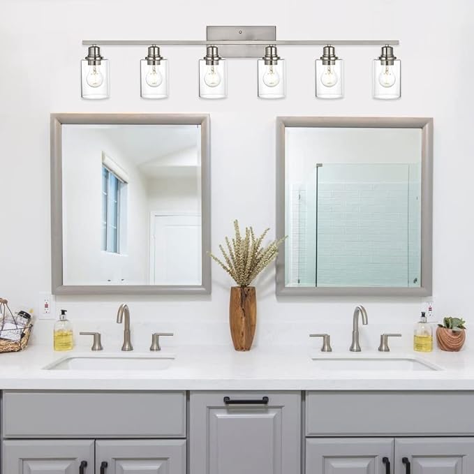 VINLUZ 6 Light Bathroom Lighting Fixture in Brushed Nickel Finish,Classic Metal Wall Mounted Lamp Over Mirror with Clear Glass Shade Industrial Vanity Light
