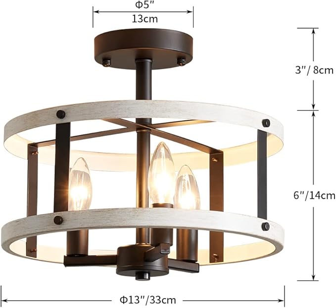 AGV LIGHTING Farmhouse Semi Flush Mount Ceiling Light Fixture There-Light Close to Ceiling Light, White Ash Wood Texture with Black Bronze Finish