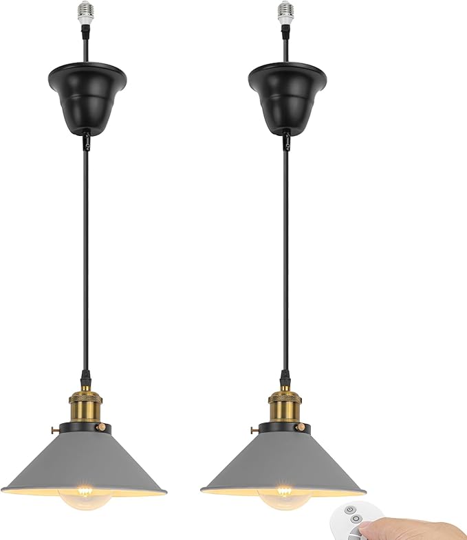 2 Pcs Ceiling Light Conversion Dimmable Pendant E26 Base Connections Metal Grey Cone Shade Industrial Style Adjusted 3.2ft Wire Conversion Kit for E26 Spot Light