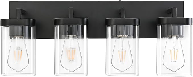 4-Light Bathroom Lighting Fixtures over Mirror, Matte Black Vanity Lights with Square Transparent Glass Shade. Modern Bathroom Vanity Light for Mirror Kitchen, Living Room, Gallery, Hallway
