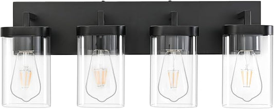 4-Light Bathroom Lighting Fixtures over Mirror, Matte Black Vanity Lights with Square Transparent Glass Shade. Modern Bathroom Vanity Light for Mirror Kitchen, Living Room, Gallery, Hallway