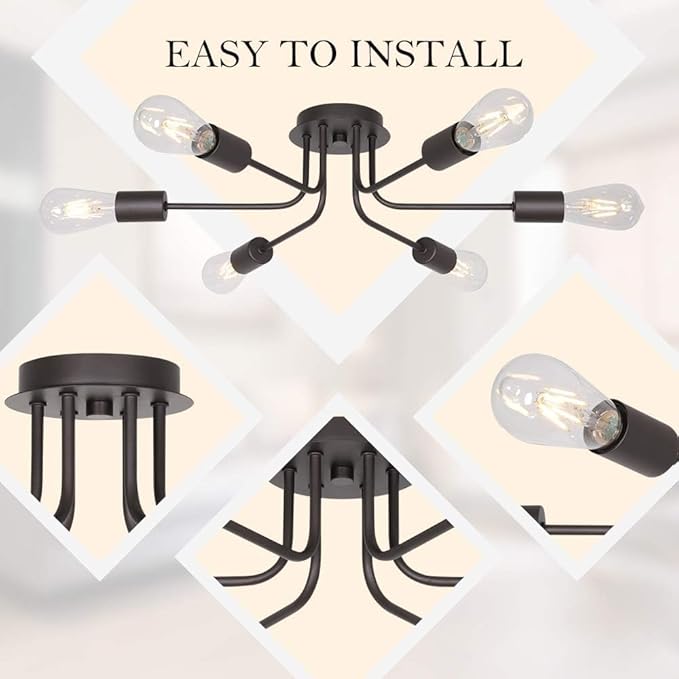 6 Light Sputnik Chandelier Oil Rubbed Bronze Ceiling Light Semi Flush Mount Light Ceiling for Kitchen Dining Room Living Room Foyer