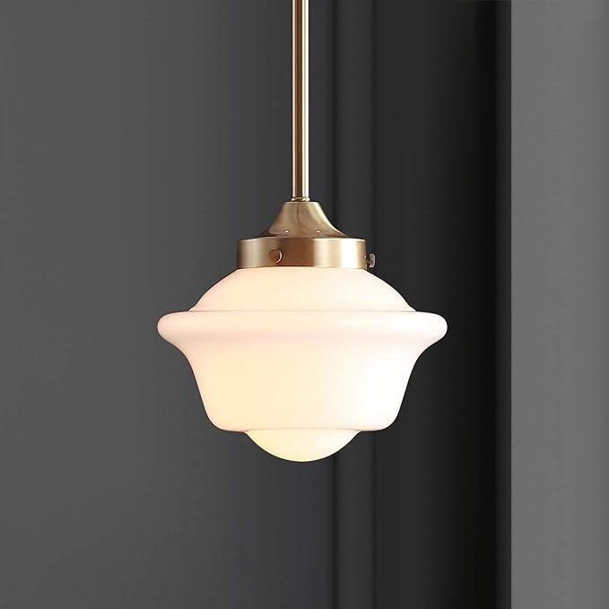 JONATHAN Y 7.2" Brass Gold Modern Schoolhouse LED Pendant Light Fixture, Adjustable Drop Metal Hanging Lamp with White Glass Shade for Kitchen Island, Dining Room, Foyer JYL3516A