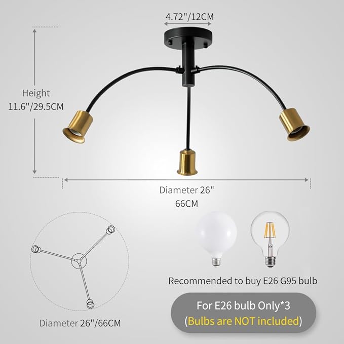 Modern Bedroom Semi Flush Mount Ceiling Light Fixture,Mid Century 3 Light Gold and Black Sputnik Chandelier for Laundry Room Dining Room Kitchen Island Hallway Foyer