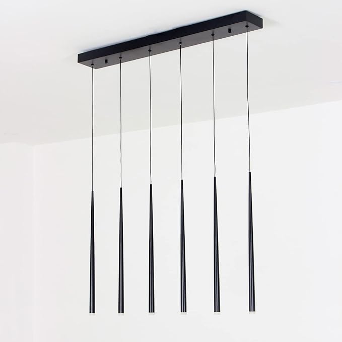 Modern Pendant for Kitchen Island, Linear Chandelier 6 Lights Cluster Bar for Dining Room, Black Warm White Dimmable