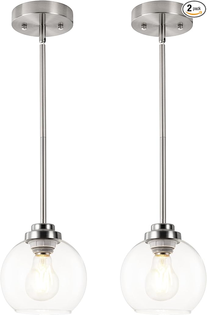 Globe Pendant Light Fixtures, Indoor Brushed Nickel Hanging Ceiling Lights with White Frosted Glass Shades, Adjustable Light for Kitchen Island Bedroom, 2 Pack