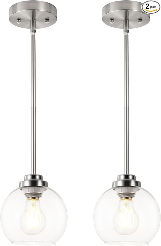 Globe Pendant Light Fixtures, Indoor Brushed Nickel Hanging Ceiling Lights with White Frosted Glass Shades, Adjustable Light for Kitchen Island Bedroom, 2 Pack