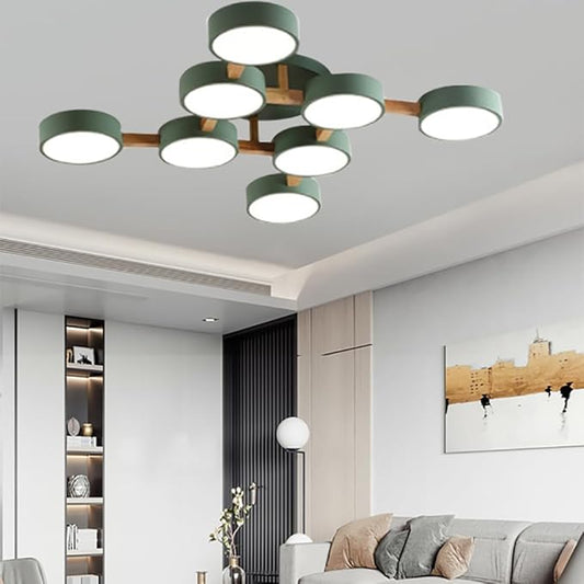 LED Ceiling Light Fixture,44 Inch 8-Lights Modern Ceiling Lights Flush Mount Wooden 96W Chandelier for Living Room Bedroom Kitchen,Dimmable 3000K/4000K/6000K Temperatures Selectable, Green