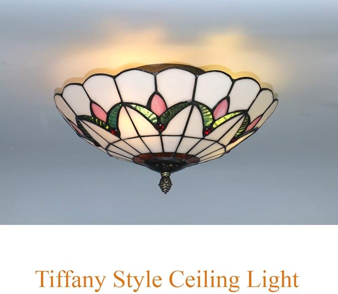 Tiffany Style Ceiling Light Vintage Stained Glass Flush Mount Ceiling Lighting Fixtures Lamps (12 Inch W)