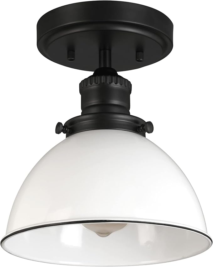 Design House Savannah Rustic Farmhouse Ceiling Light, Semi-Flush Mount, Dimmable, White Metal Shade, Matte Black, 8 in x 8 in x 9 in, 588319