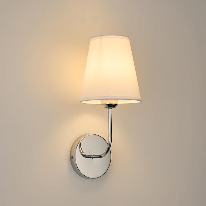 Modern Hardwired Wall Sconces, Set of 2 in Chrome with White Fabric Shades,Farmhouse Light, Living Room, Hallway, Bathroom, Vanity, or Staircase. Sleek, Versatile Lighting