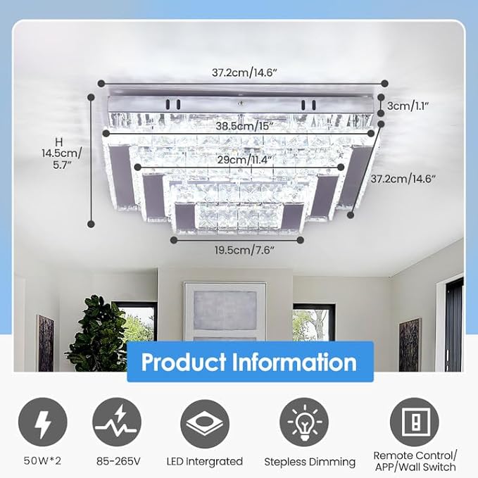 Dimmable Square Crystal Flush Mount Ceiling Light, 15" 3-Tier Crystal Chandelier Ceiling Light, Remote Included, 3000–6500K CCT, K9 Crystal & Stainless Steel for Living Room Dining Room Bedroom