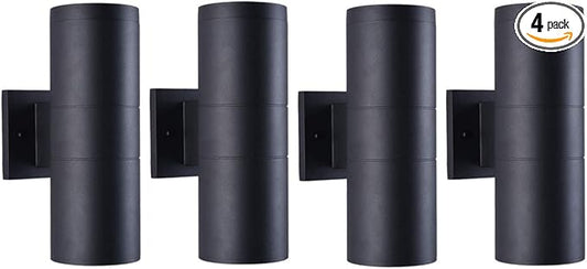 mirrea Modern Outdoor Porch Light Patio Light in 2 Lights with Matte Black Aluminum Cylinder and Tempered Glass Cover Waterproof Wall Sconce 4 Pack