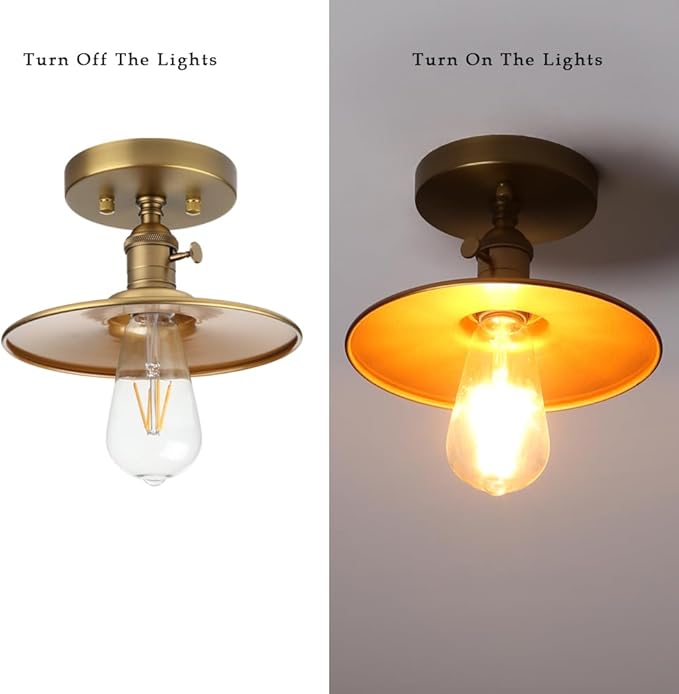 Phansthy Ceiling Light Fitting E26 Vintage Metal Shade Hanging Semi Flush Mount Pendant Lamp, Industrial Edison Ceiling Light Fixtures for Kitchen Bedroom Hallway Loft (Flat Metal Shade -Antique)