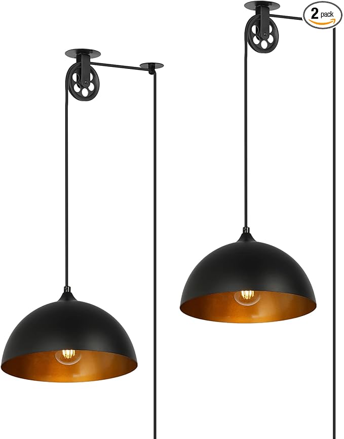 Modern Plug in Pulley Black and Brass Domed Pendant Light with 19.4ft Cord On/Off Switch, Retro Metal Barn Hanging Ceiling Lampshade for Farmhouse Kitchen Island Bedroom Hallway (2 Pack)
