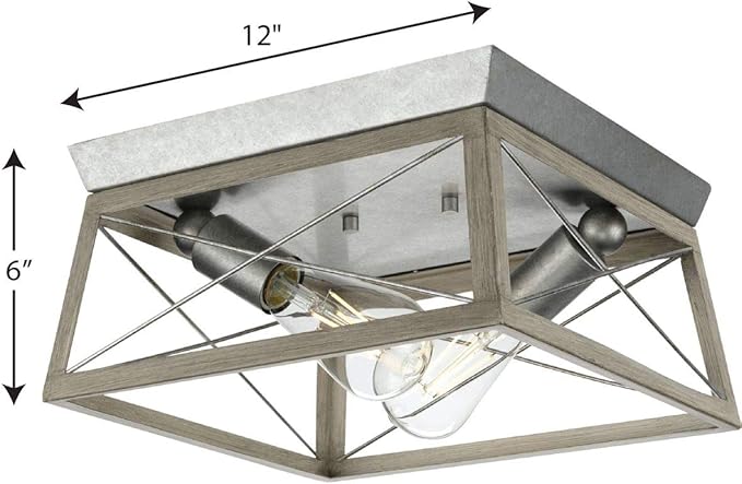 Progress Lighting Briarwood Collection 2-Light Ceiling Light, Flush Mount Ceiling Light Fixture for Interior Kitchen Lights, Hallway, Bedroom, Living Room, 12-Inch by 6-Inch, Galvanized Finish