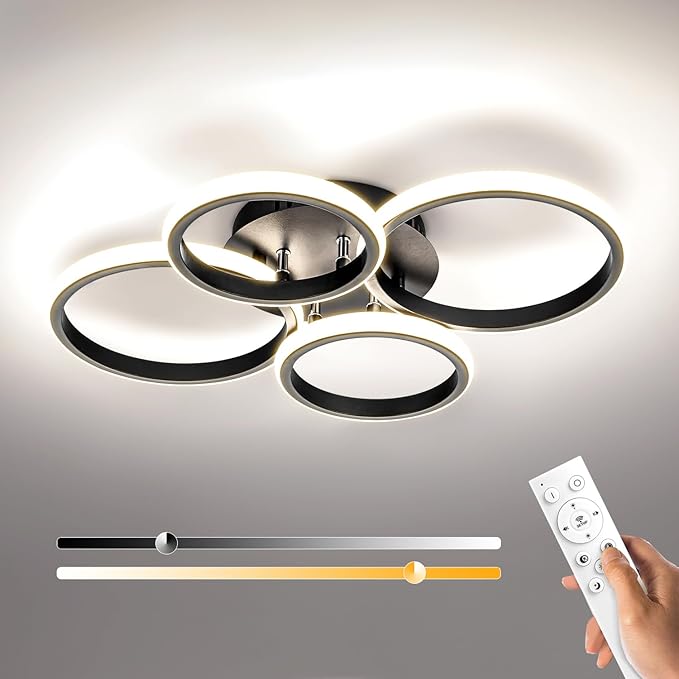 4 Ring Modern LED Ceiling Light Fixture with Remote Control, 3000K-6500K 3-Color Black Dimming Circle Modern Ceiling Light for Bedroom Kitchen Living Room