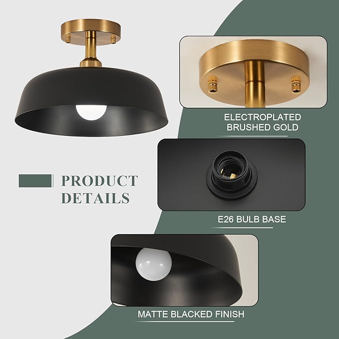 Modern Semi Flush Mount Ceiling Light, 2-Packs Matte Black and Gold Hallway Ceiling Light Fixtures,Mid Century Ceiling Lamp for Kitchen Hallway Entryway Bedroom Laundry Room(2 Packs)
