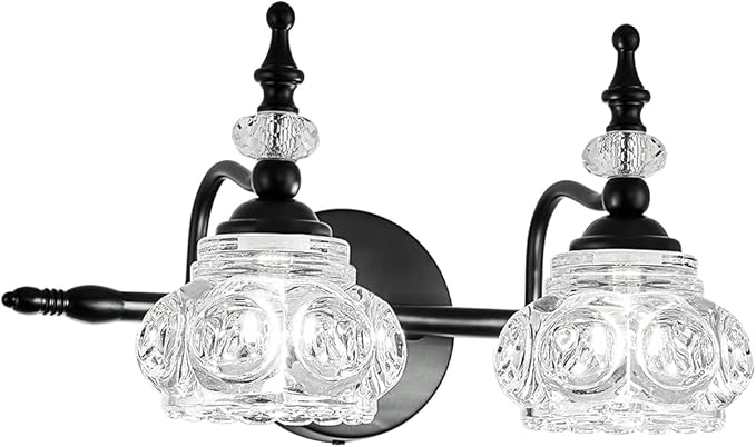 Bathroom Vanity Light Fixtures, 2-Light Vintage Crystal Wall Lights, Painted Black Surface, Thick Crystal Glass Shade, Vintage Wall Sconce for Bathroom, Bedroom, Living Room