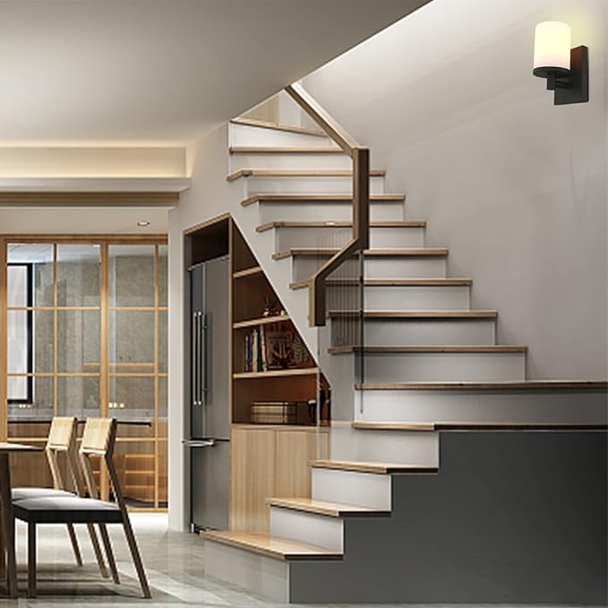 Pathson Vintage 1-Light Wall Sconce, Hardwired Bathroom Vanity Light, Frosted Glass Wall Mount Light Fixtures for Hallway Bathroom Kitchen Living Room (Black)
