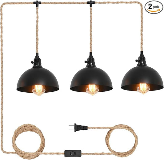 3 Light Hemp Rope Plug in Pendant Light Rattan Hanging Lights with Plug in Cord with Woven Lamp Shade, Hanging Lights with Plug in Cord Hemp Rope Hanging Lamp