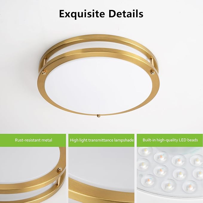 OOWOLF 2PACK 13inch Flush Mount LED Ceiling Light Fixture, 5CCT 36Watt 3600LM, 3000K 3500K 4000K 5000K 6000K 5 Color Selectable Dimmable Ceiling Lamp, Gold Ceiling Light for Kitchen Bedroom Bathroom