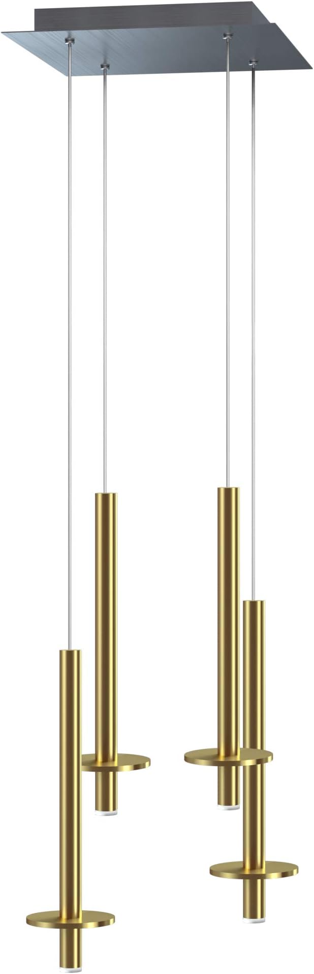 Draco 4 Pendant Lighting Brass – LED Hanging Light Fixture for Kitchen Island, Bar, Foyer – Equilateral Cluster of Mini Metal Rod Pipe Tube Cylinders – Dimmable, Adjustable Wire, Lamp Bulb Included