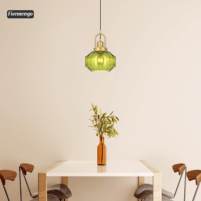 9in Mid Century Modern Green Glass Pendant Light Fixture, Small Gold Kitchen Island Pendants Light Glass Ceiling Hanging Lamp for Foyer Dining Room Bedroom Entryway Hallway Over Sink