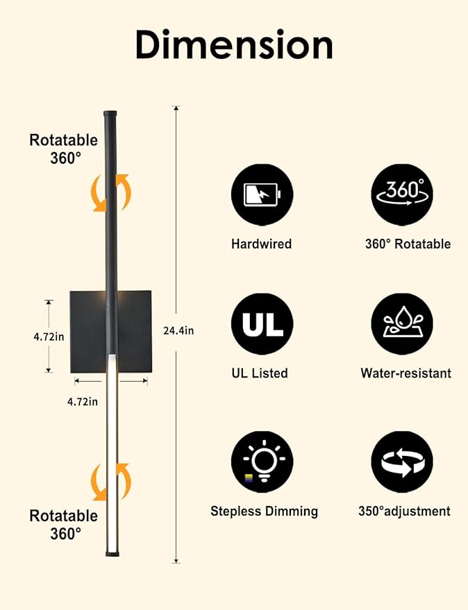 KARTOOSH 24.4 Inch Hardwired Wall Sconces Set of Two, 3000K Warm White Dimmable Modern Wall Sconces, 350° Rotate LED Light Fixtures Wall Lamp for Bathroom Living Room Bedroom Bedside, Black