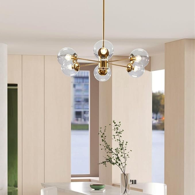 KCO Lighting Modern 6-Light Sputnik Chandelier with Clear Glass Globe Mid Century Adjustable Ceiling Pendant Light Gold Brass Flush Mounted Fixture