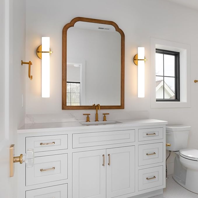 AIJIASI Gold Bathroom Wall Sconces Set of 2: 18 Inch Modern Sconces Wall Lighting 18W LED Dimmable Wall Light with Acrylic Lampshade, Brushed Gold Sconces for Bedroom Living Room Hallway (Hardwired)
