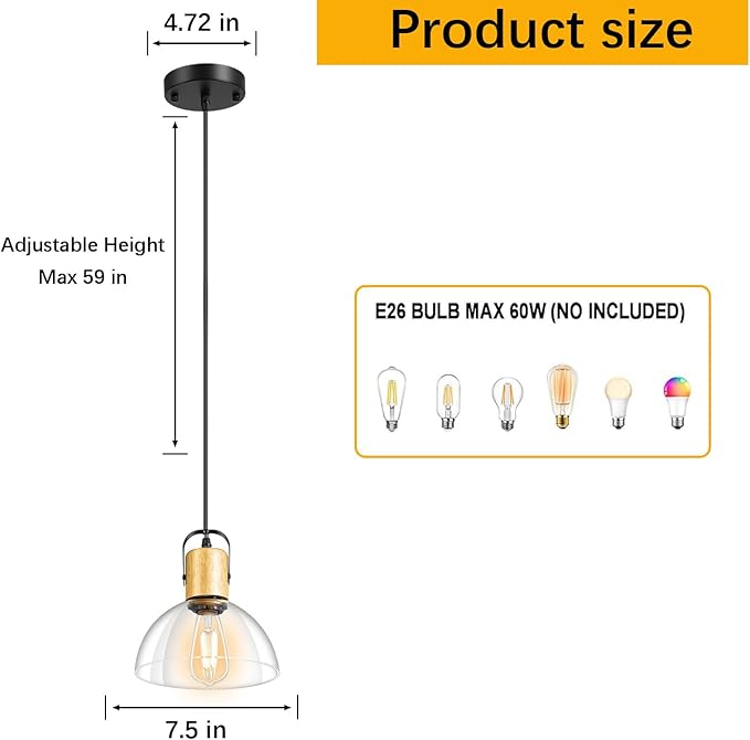 2 Pack Glass Pendant Lights Kitchen Island, Modern Farmhouse Pendant Light Fixture with 7.5" Clear Glass Shade, Hanging Light for Dining Room, Bedroom, Bathroom, Solid Wood