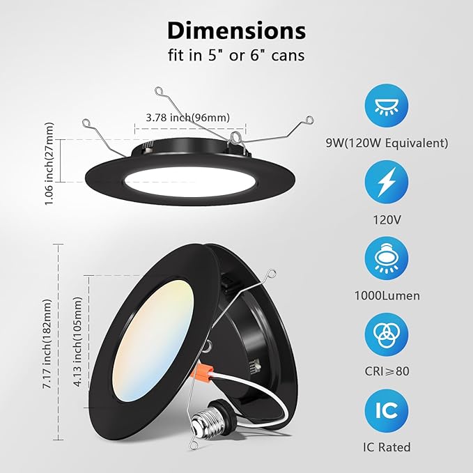 LVWIT Black LED Recessed Light 6 Inch, Can Lights Color Selectable 2700/3000/4000/5000/6000K 5CCT, 9W=120W,1000LM, Dimmable Downlight with E26 Conversion Kit, 6 Pack,IC Rated
