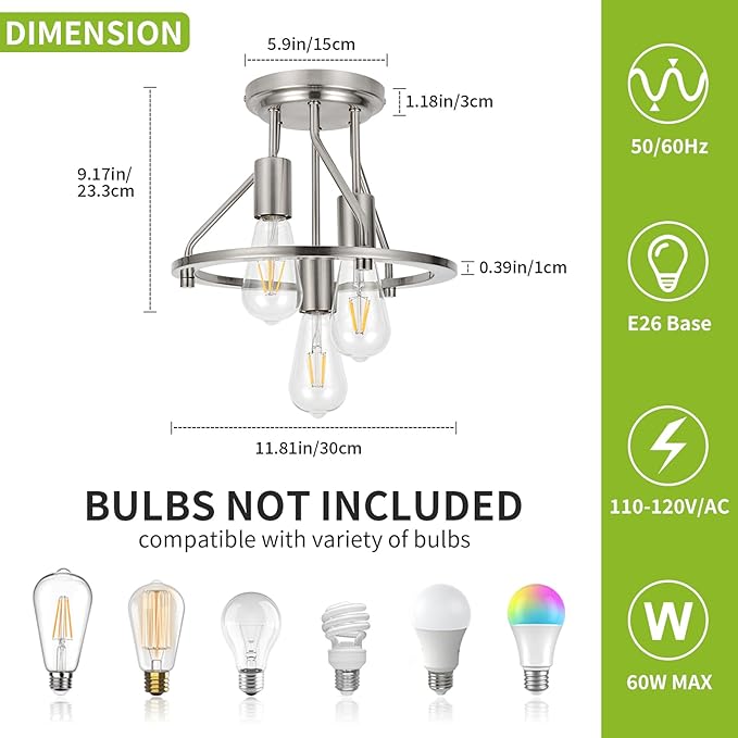WILON Ceiling Light,Brushed Nickel Semi Flush Mount Light.3-Light Ceiling Light Fixtures Farmhouse Kitchen Light Industrial Hallway Light Fixtures E26 Socket Lamp for Hallway Kitchen Foyer