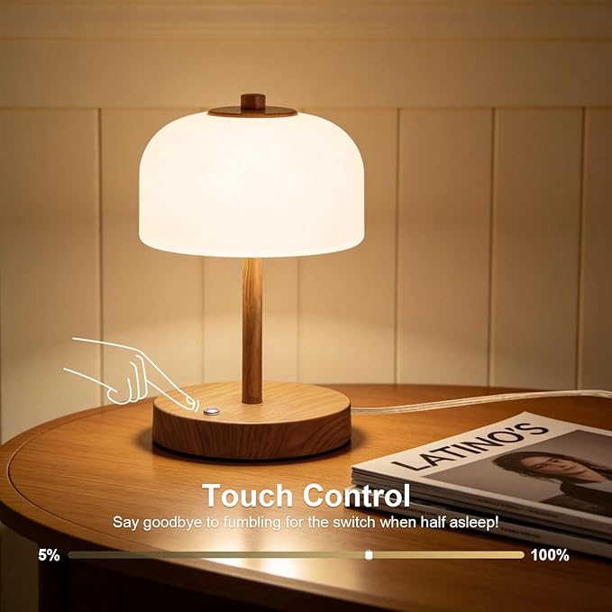 Oneach 9.5" Touch Control Table Lamp with USB A+C Charging Ports, Corded Wood Grain Dimmable LED Bedside Lamp with 3 Color Temperatures, Small Modern Table Lamps for Bedroom Nightstand Living Room