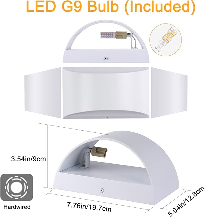White Modern LED Wall Sconce (with G9 Bulbs) Hardwired Indoor Wall Lights Up and Down Wall Mount Lamps for Hallways, Bedrooms, Hallways, Living Room 3000K Warm White
