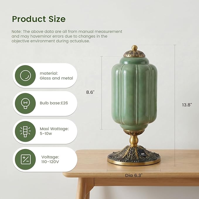 Milk Glass Touch Table Lamp, 3 Way Dimmable Green Lamp USB C+A Charging Ports, Modern Large Beside Lamps for Bedroom, Living Room, Desk LED Bulb Inculded