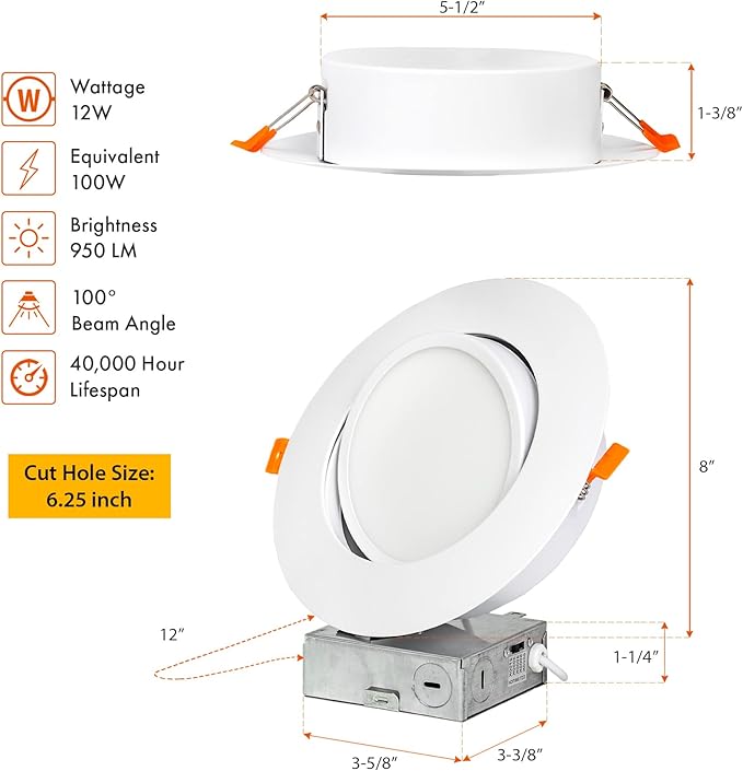 PROCURU [4-Pack] 6-Inch Gimbal (8-Inch Trim) Air-Tight LED 2700K-6000K 5CCT Adjustable, Rotate & Swivel Ultra-Thin Recessed Ceiling Downlight, Dimmable, IC Rated (VGB65W-4P)