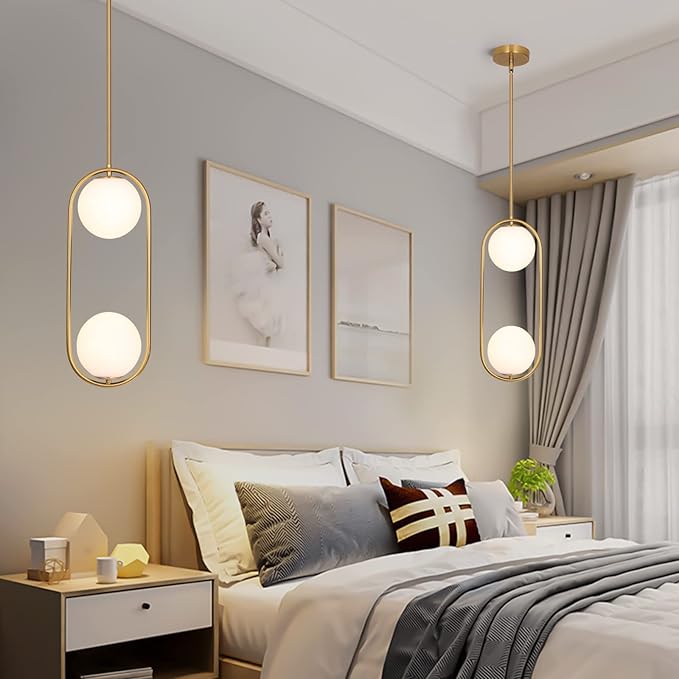 SeeU Modern Pendant Lighting Mid Century Globe Pendant Light Fixture Gold Pendant Chandelier Hanging Lighting Fixture with White Globe Glass Lampshade for Kitchen Island Dining Room Bedroom