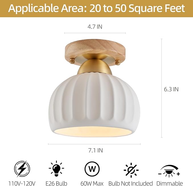 2 Pack Ceramic Wood Brass Semi Flush Mount Ceiling Light Vintage Hallway Light Fixtures, Modern Small Ceiling Mount Light Lamp for Hall Kitchen Entryway Passway Porch Foyer