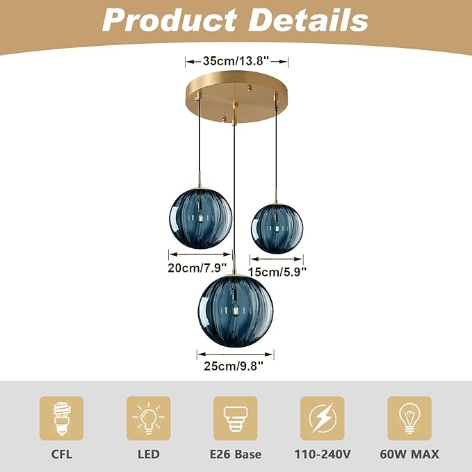 KCO Lighting Mid Century Modern 3-Lights Globe Pendant Light Fixture Brass Gold Cluster Pendant Light Kitchen Island Multi Light Pendant Lighting Ceiling Hanging Blue Glass Hanging Light