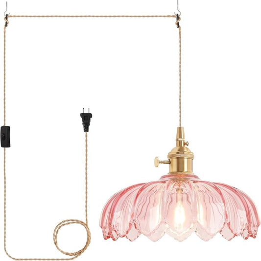 Shenmoyl Plug in Pendant Light Hanging Light Fixtures with Plugin Cord On/Off Switch,Pink Scindapsus Glass Lampshade Brass Pendant Light
