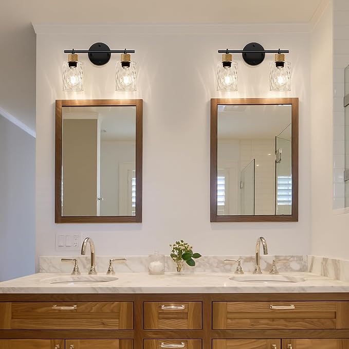MOKATNG Bathroom Light Fixtures, 2-Light Coastal Vanity Lights with Crystal Glass Shade, Brown and Gold Bathroom Wall Lamp for Mirror Kitchen Hallway Cabinet