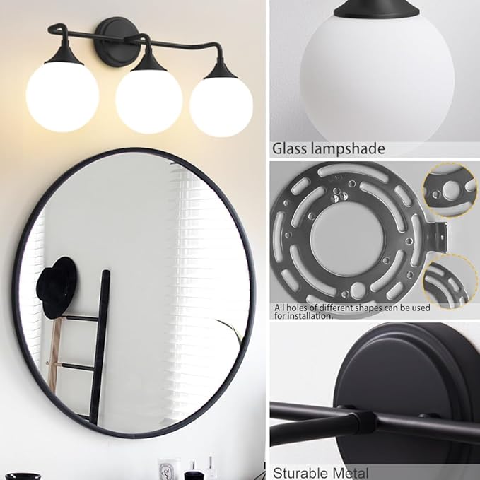 Black Bathroom Light Fixtures, Modern Vanity Lighting Over Mirror, Mid Century Modern Matte Black Wall Sconce 3-Light with Milky White Glass Ball Shades