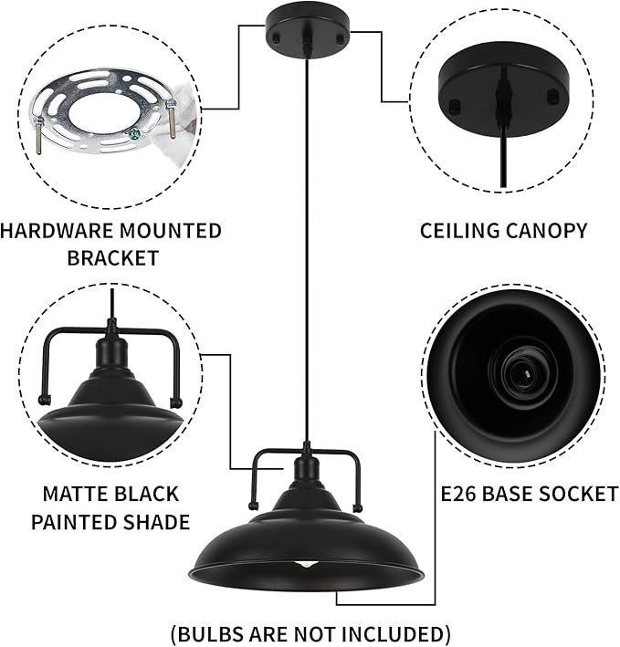 Black Pendant Light, Large Pendant Light 15.7" 1 Pack, Modern Farmhouse Pendant Lighting, Kitchen Pendant Lights, Pendant Lights Kitchen Island for Kitchen, Living Room