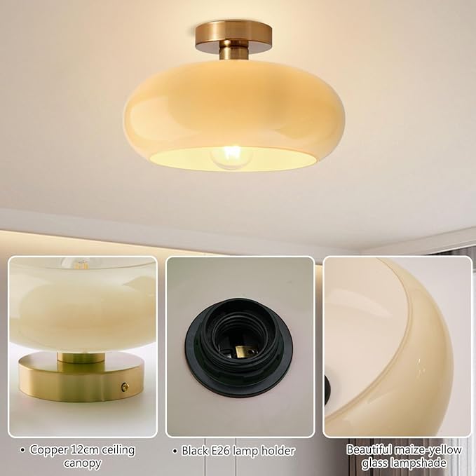 Gold Brass Flush Mount Ceiling Light Fixtures Mid Century Modern Ceiling Lights Brushed Milk Yellow Shade Glass Semi Flush Mount Light for Farmhouse Hallway Kitchen Sink Ceiling Lamp
