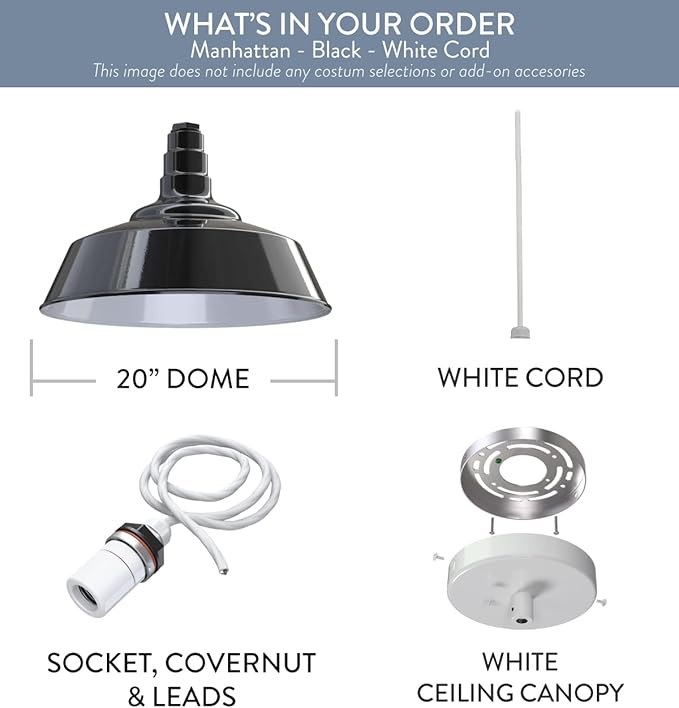 Steel Lighting Co. Manhattan Warehouse Light | Ceiling Mounted Pendant | 20 inch Dome | White Cord | Large Steel Barn Light Made in America | Black Exterior/White Interior