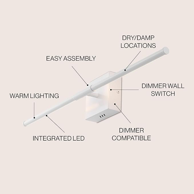 JONATHAN Y 28" White Modern Dimmable Integrated LED Wall Sconce, Metal Vanity Light for Bathroom Mirror Bedroom Hallway, Sleek Hardwired Wall Lamp Fixture, 3000K (JYL7022G)
